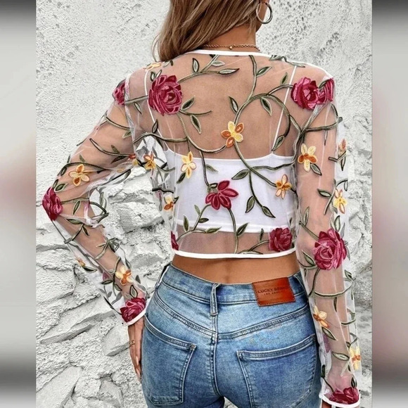 Sheer Mesh Floral Embroidery See Through Front Open Short Jacket With Long Sleev - Picture 4 of 6